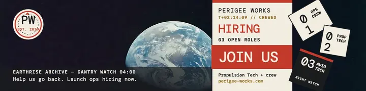Perigee Works hiring banner, Earthrise archive template