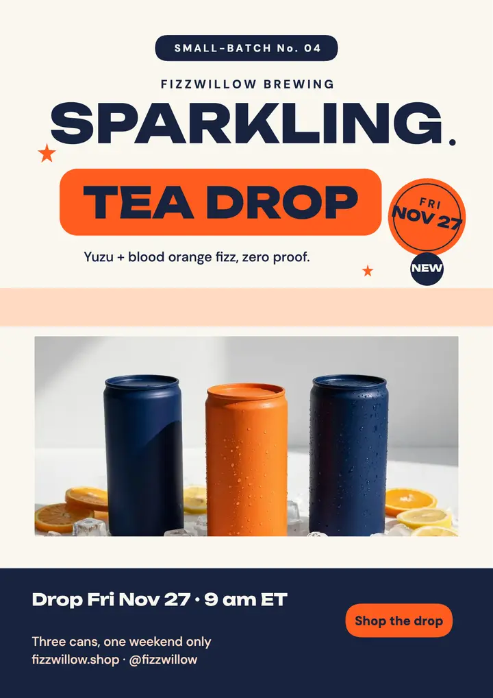 Fizzwillow sparkling tea drop flyer: sparkling tea launch flyer template
