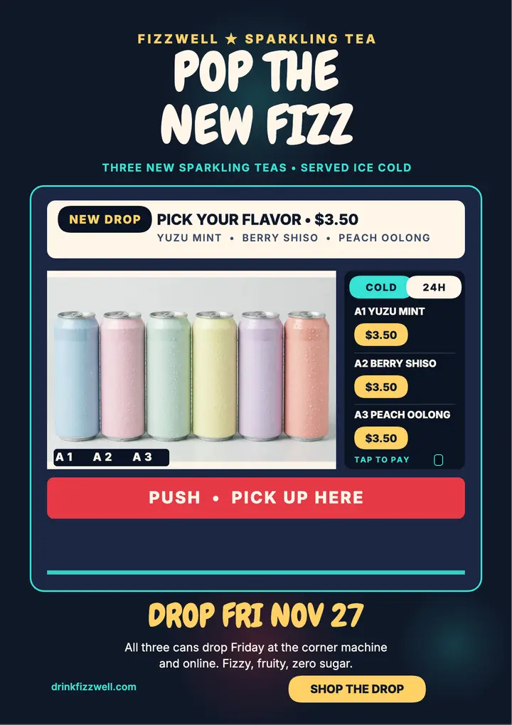 Fizzwell sparkling tea vending drop flyer template