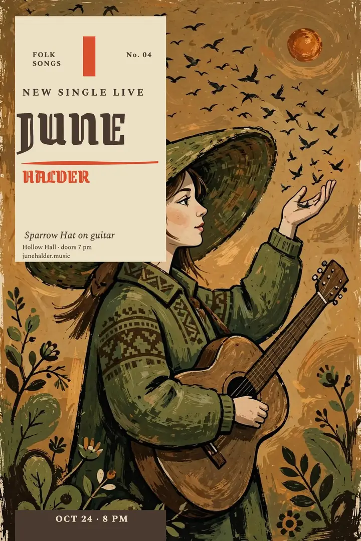 Sparrow Hat gig poster, June Halder: folk gig poster template