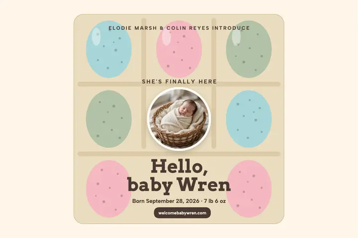 Wren spring baby announcement postcard template