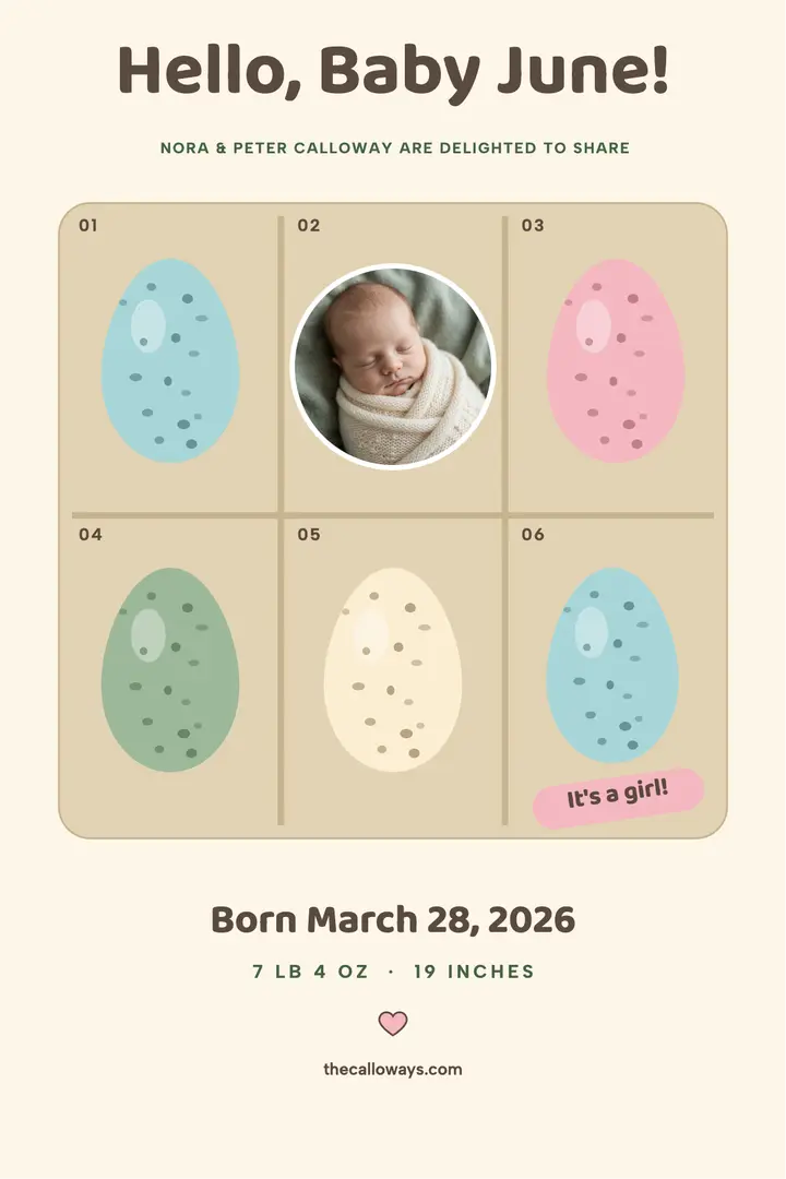 June spring baby egg carton poster: baby announcement poster template
