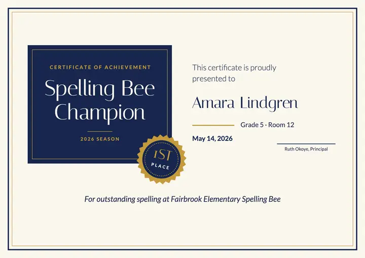 Spelling bee champion certificate template