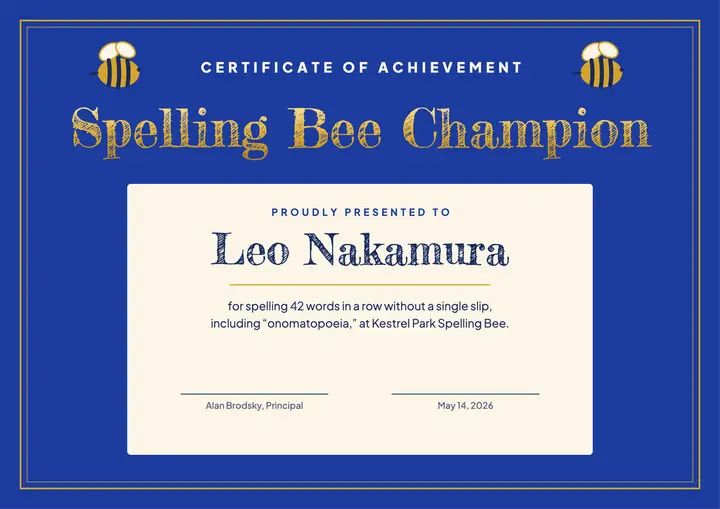 Spelling bee champion certificate template