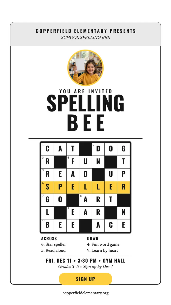 Copperfield spelling bee crossword story template