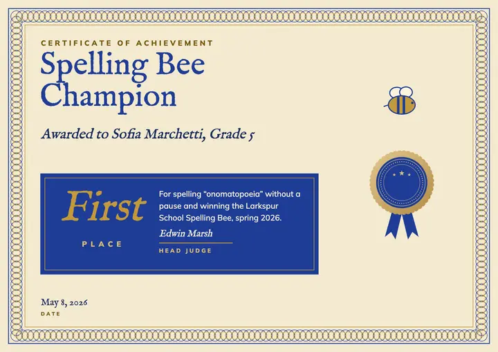 Spelling Bee champion certificate template