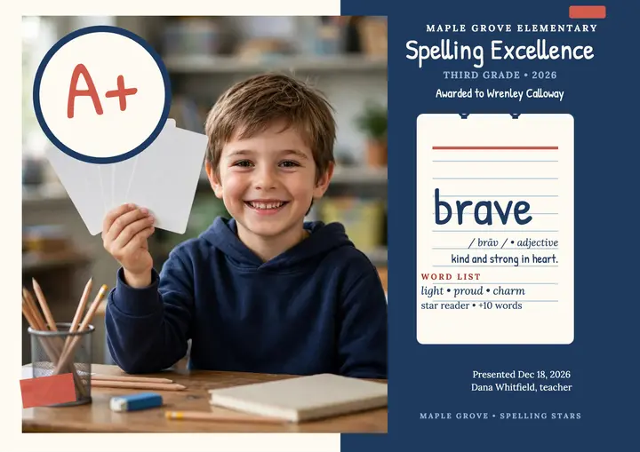 Spelling excellence flash card certificate: spelling certificate template