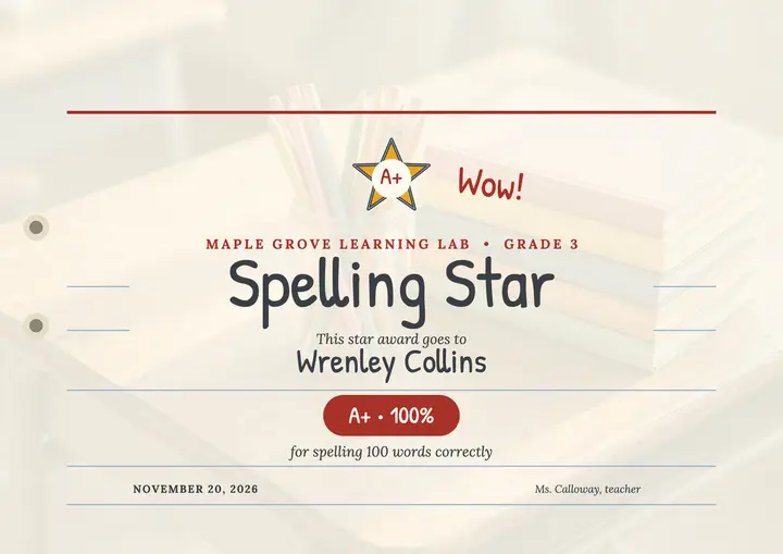 Maple Grove spelling star certificate template