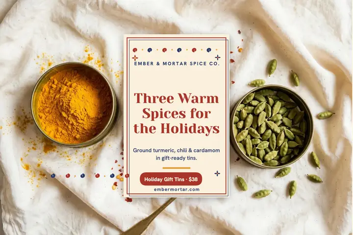 Ember and Mortar holiday spice tins postcard template