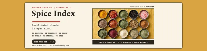 Pinchrow spice tins index banner: spice tins index banner template