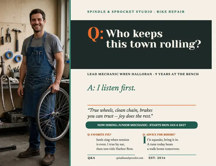 Spindle and Sprocket mechanic Q and A: meet the team flyer template