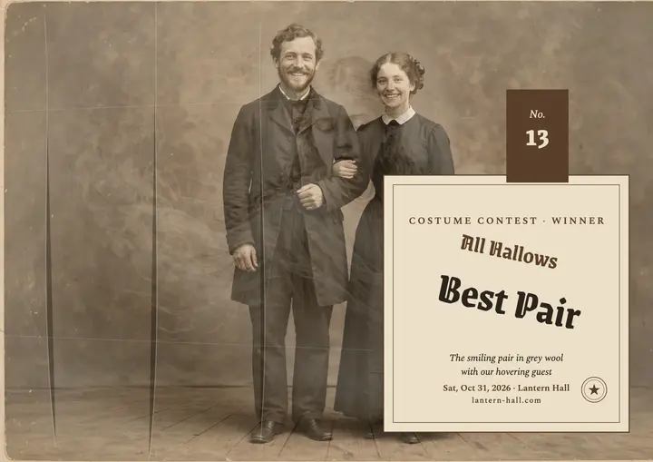 All Hallows Ball ghost pair winner card: costume ball winner card template
