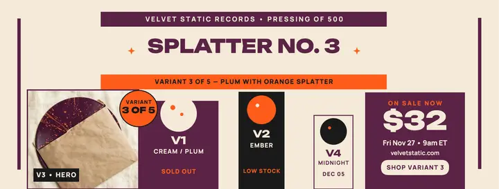 Velvet Static splatter vinyl drop sale cover template