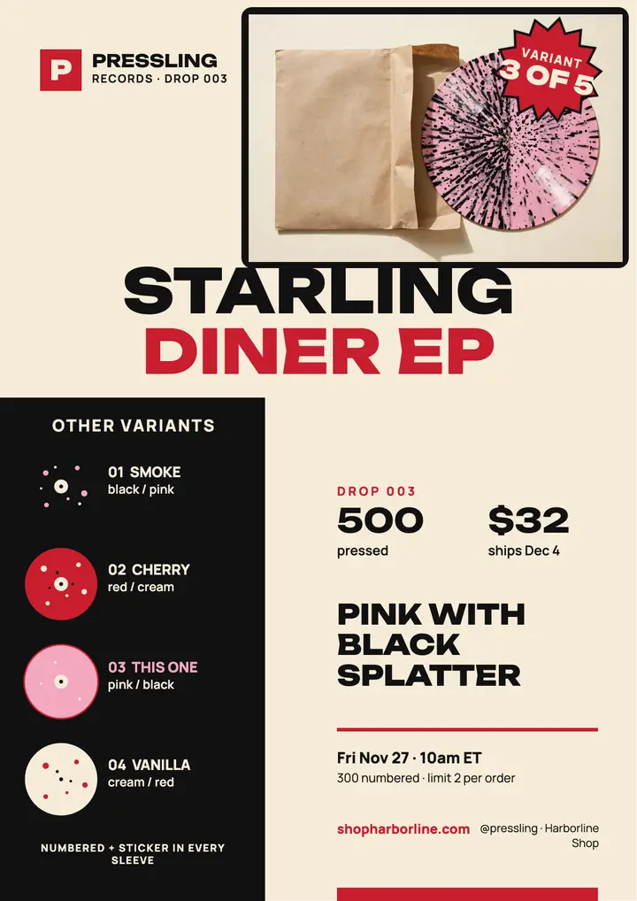 Starling Diner splatter vinyl drop flyer: vinyl record drop flyer template