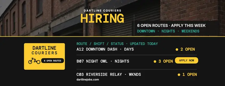 Dartline Couriers split-flap hiring cover template
