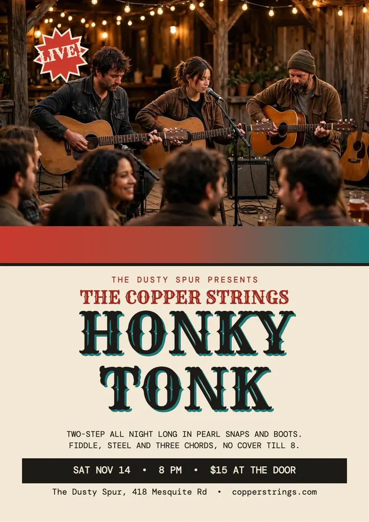 Copper Strings honky tonk night flyer: honky tonk flyer template