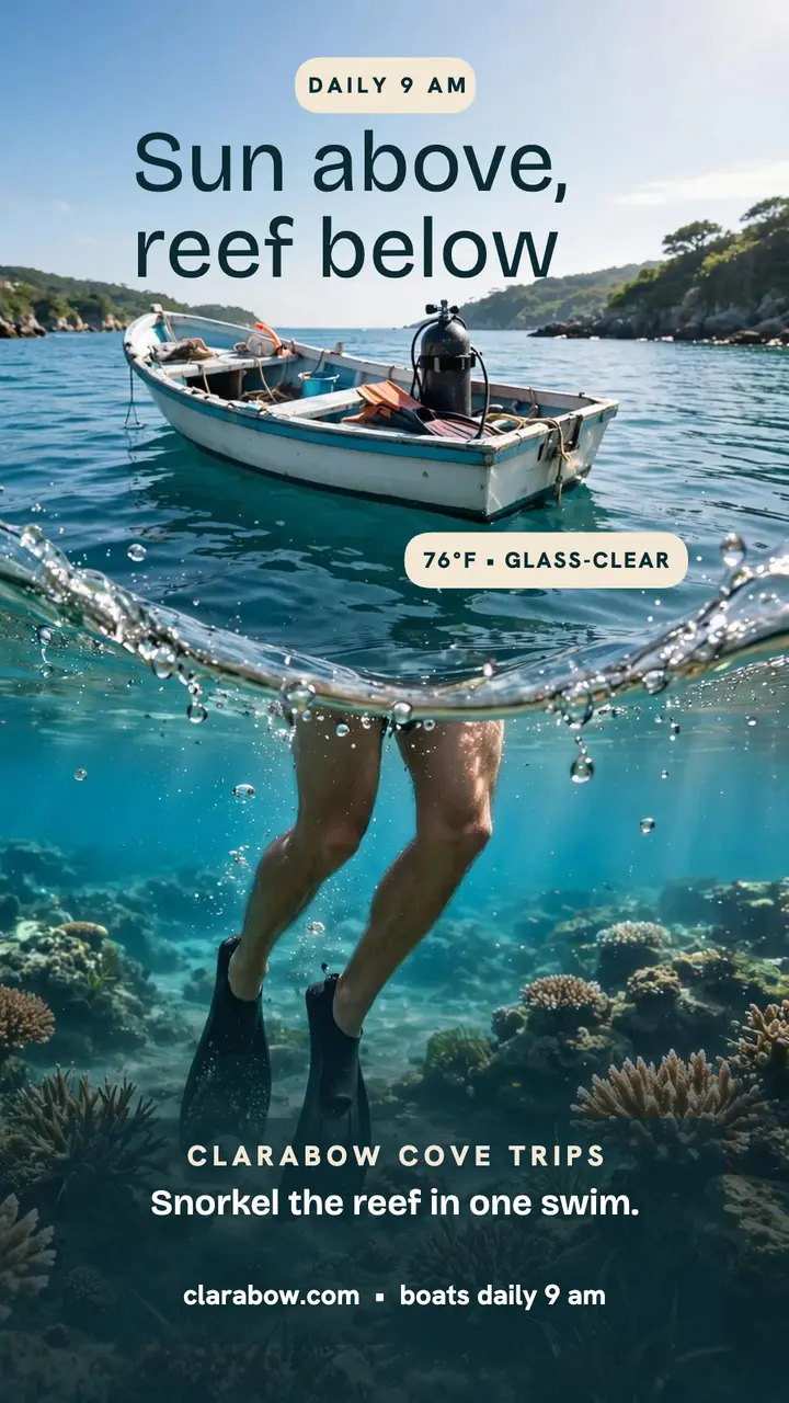 Clarabow Cove split shot travel story: snorkel cove story template