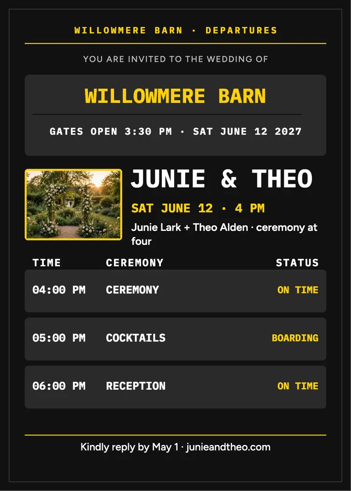 Junie and Theo split-flap wedding invite template