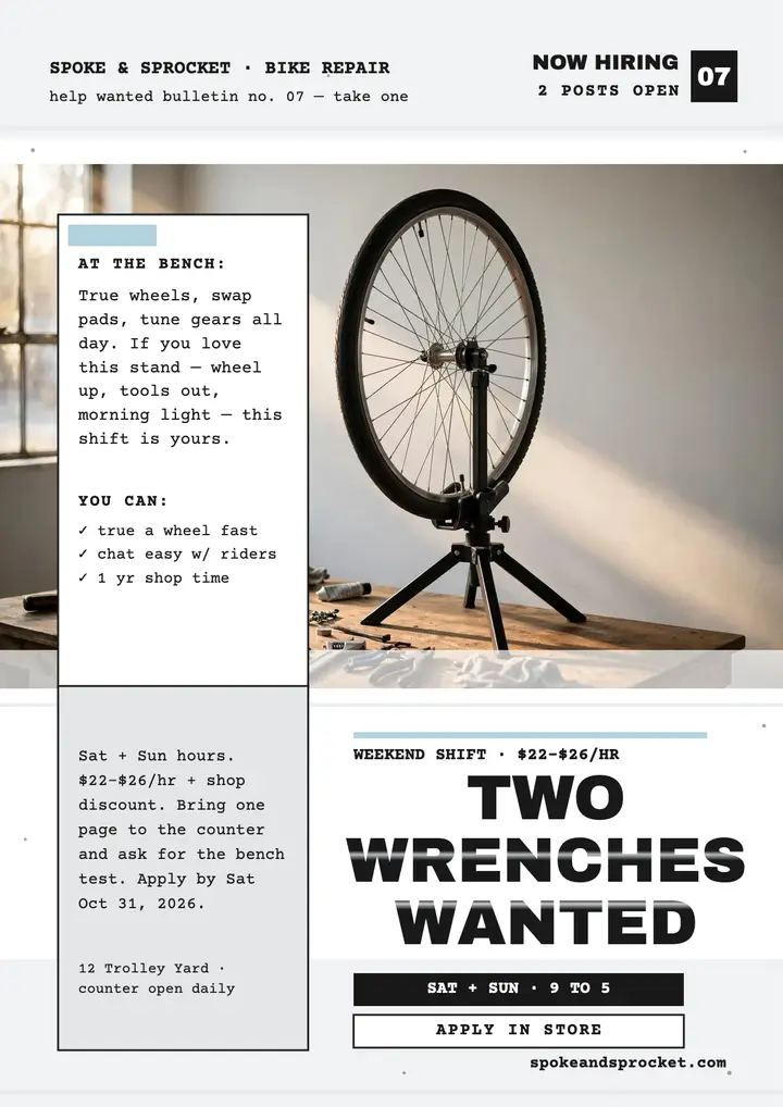 Spoke and Sprocket bike mechanics hiring flyer template