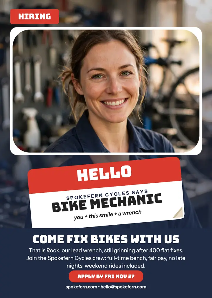 Spokefern hiring tag invitation: bike shop hiring invitation template