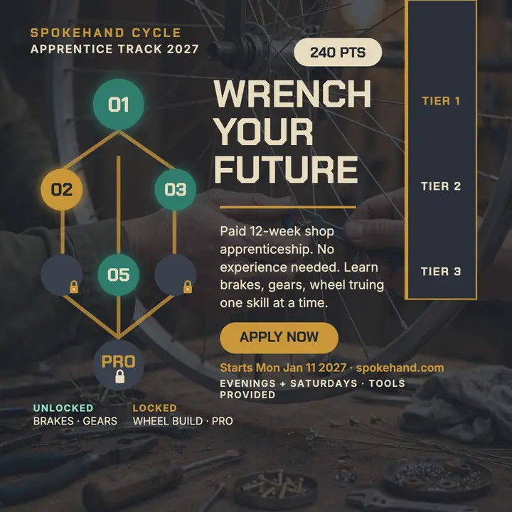 Spokehand Cycle apprentice track skill tree post: bike shop apprentice hiring post template