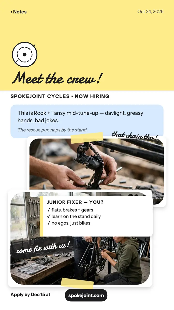 Spokejoint Cycles meet the crew hiring story: bike shop hiring story template