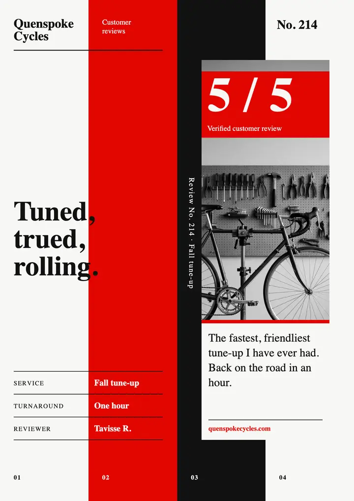 Quenspoke Cycles 5/5 review flyer, Swiss grid template