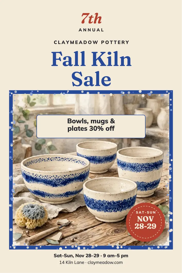 Claymeadow Pottery fall kiln sale poster template