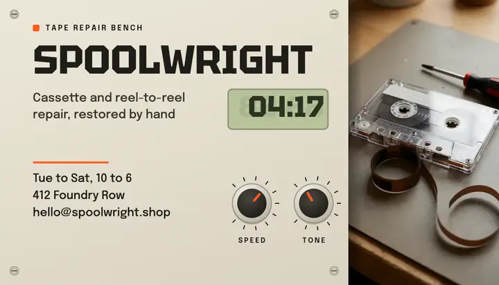 Tape repair bench, hardware faceplate business card template