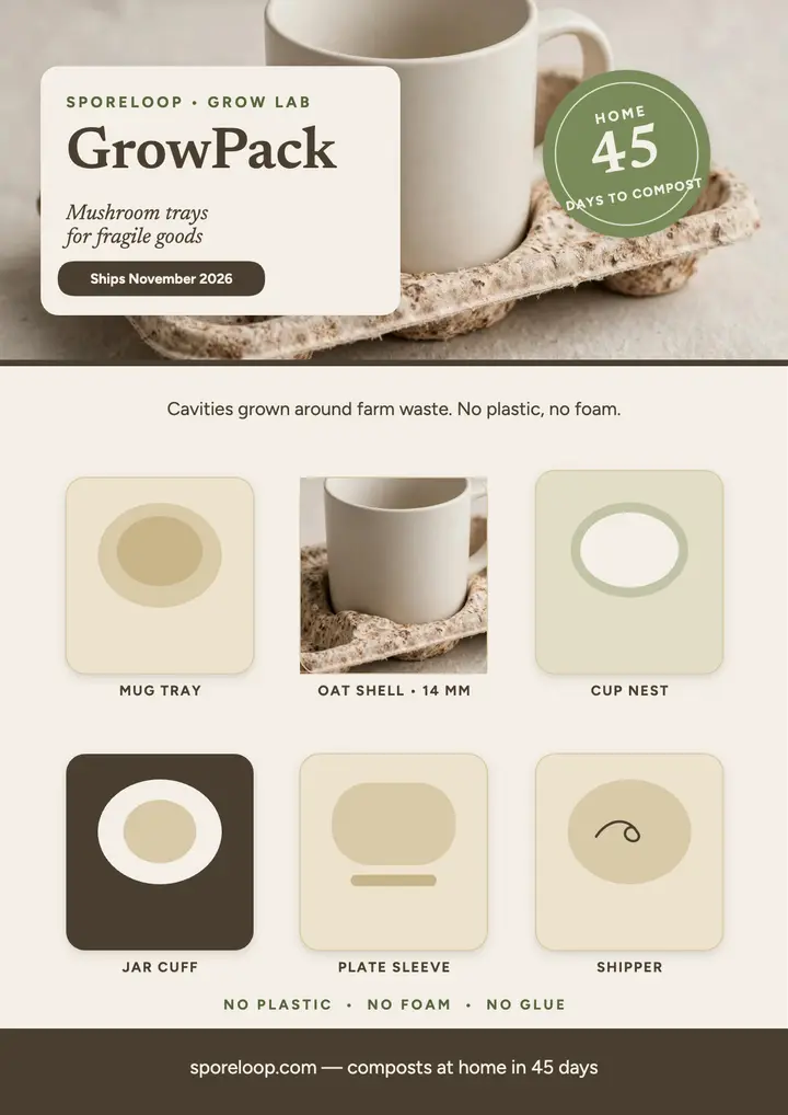 Sporeloop mycelium packaging launch flyer template