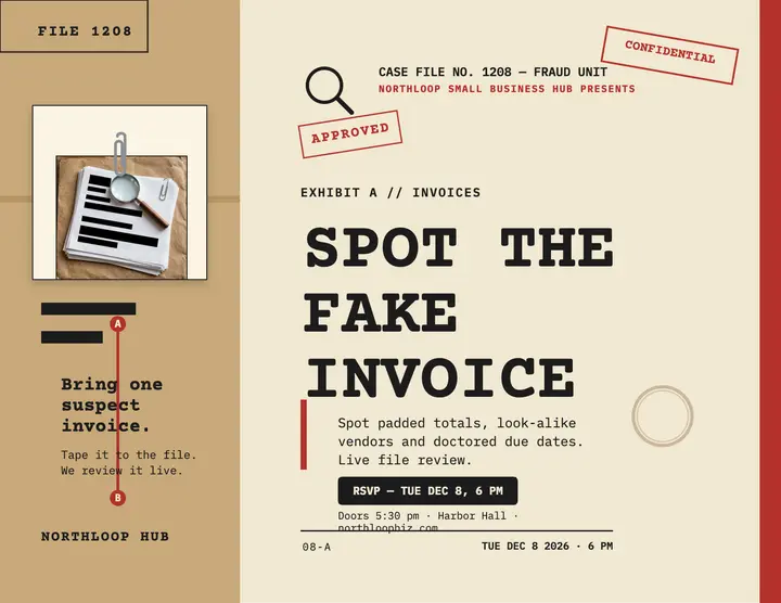 Spot the Fake Invoice workshop flyer: fraud workshop flyer template
