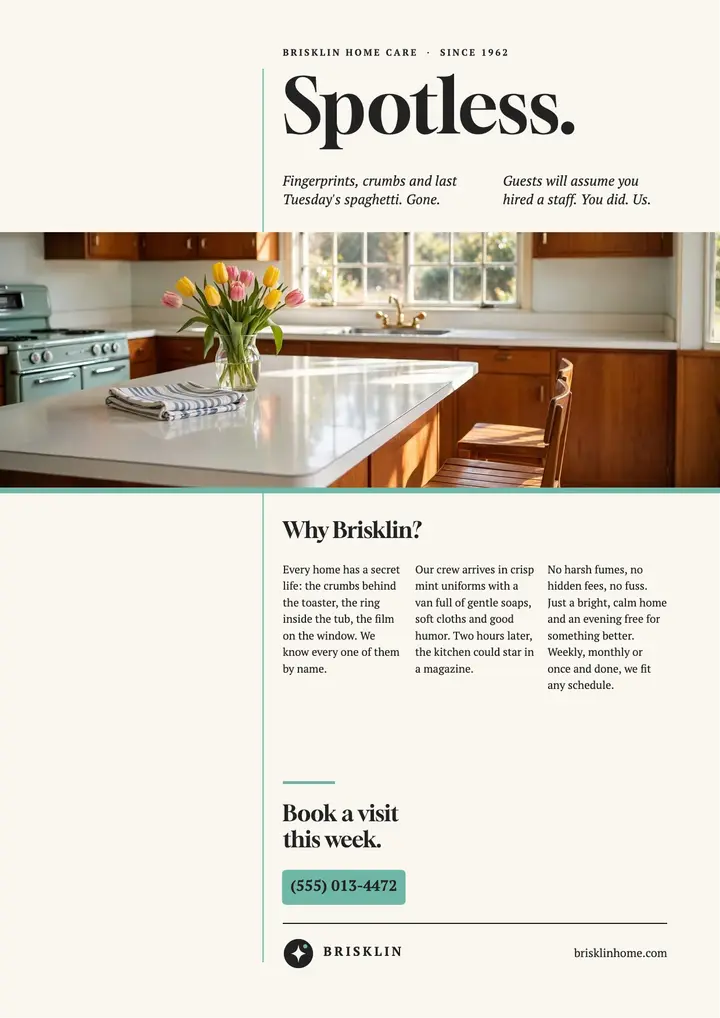 Brisklin Home Care spotless sixties print ad: house cleaning flyer template