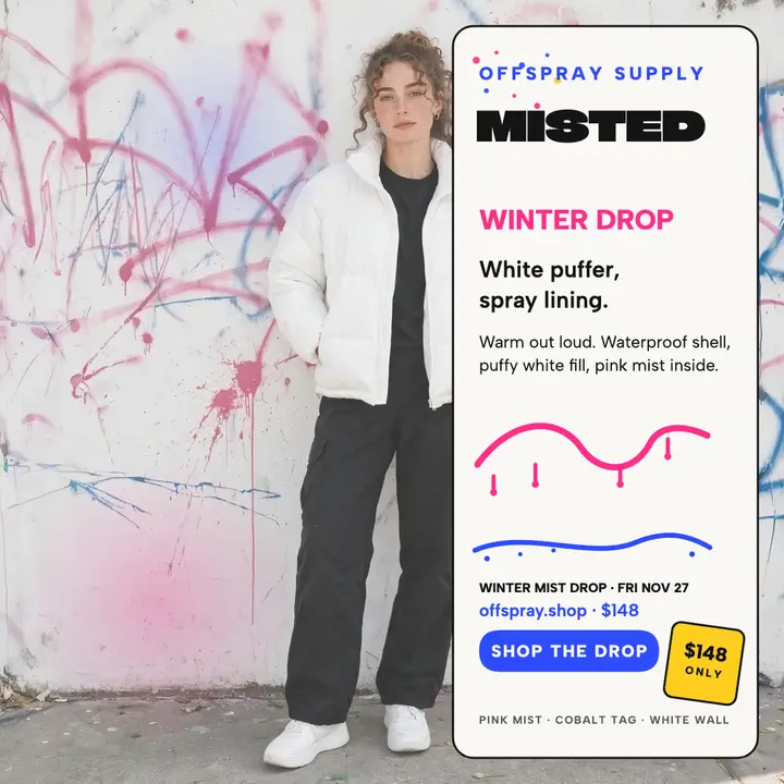 Offspray winter puffer drop post template