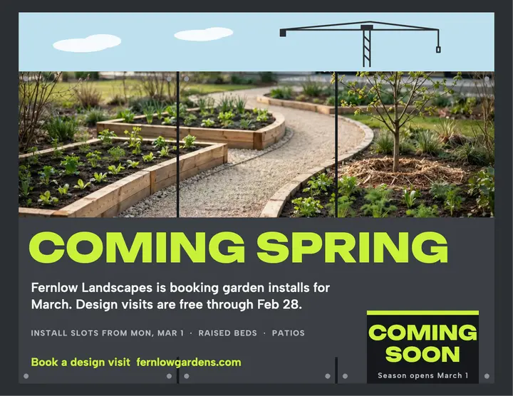 Fernlow Landscapes coming spring hoarding flyer template