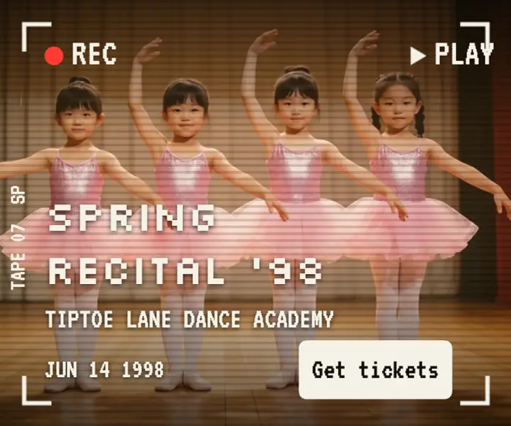 Tiptoe Lane spring recital ad, camcorder tape template