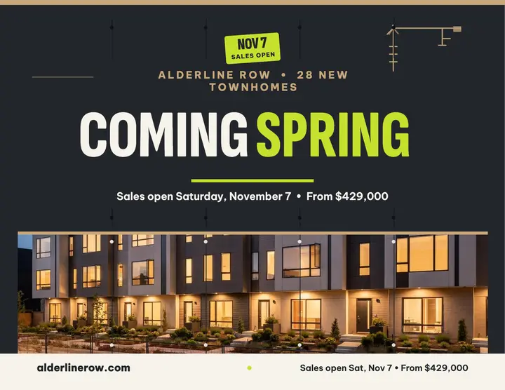 Alderline Row coming spring hoarding flyer: townhome coming soon flyer template