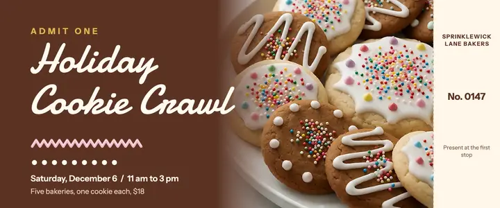 Holiday cookie crawl ticket, royal icing piping template