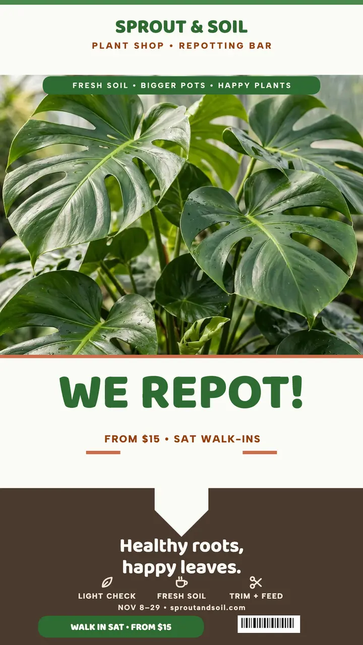 Sprout and Soil repotting story: repotting service story template