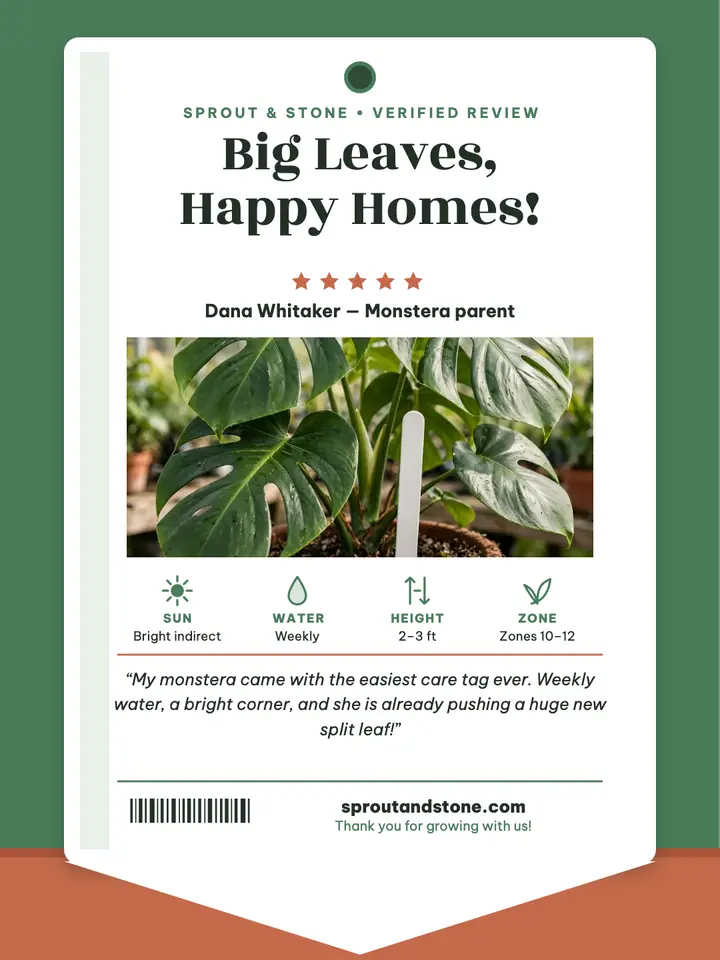 Sprout and Stone monstera review tag template