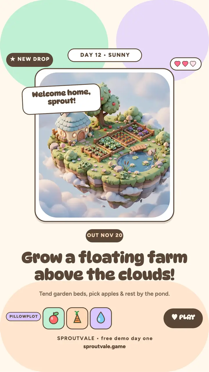 Sproutvale floating farm game launch story template