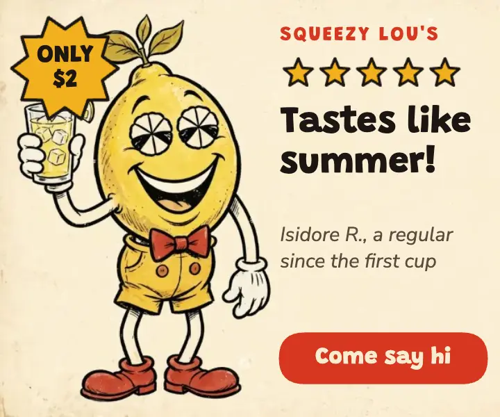 Squeezy Lou's lemonade review ad, rubber-hose cartoon: customer review display ad template