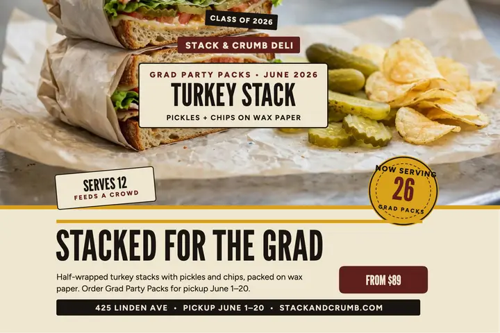 Stack and Crumb grad deli postcard: graduation party catering postcard template