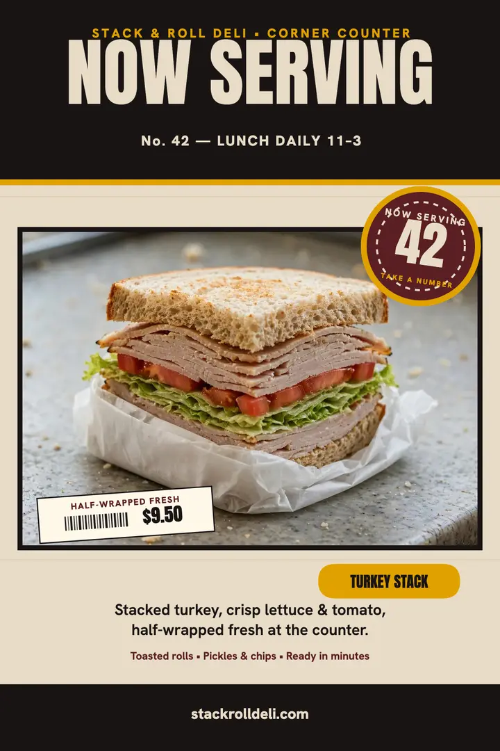 Stack and Roll deli lunch rush poster: deli lunch poster template