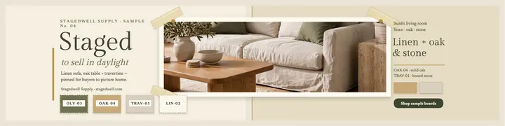 Stagedwell staged living room sample board banner: home staging etsy banner template