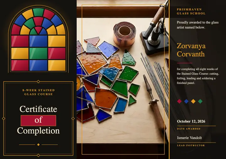 Prismhaven eight-week stained glass course completion certificate template