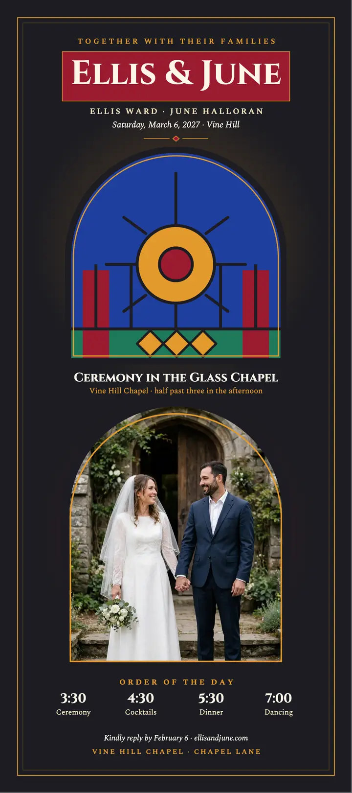 Ellis and June stained glass chapel invitation template