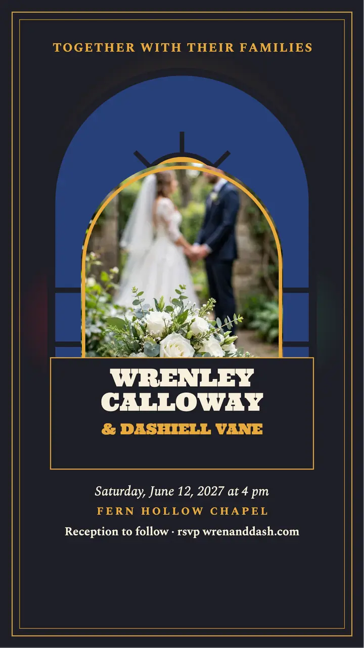 Wrenley and Dashiell stained glass story: wedding invitation story template