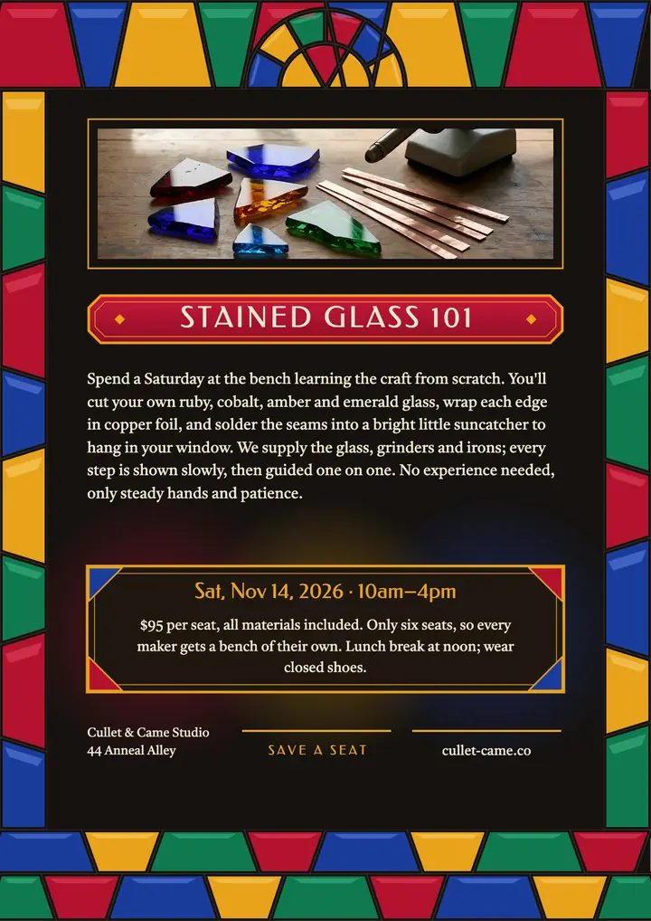 Stained Glass 101 one-day workshop flyer template