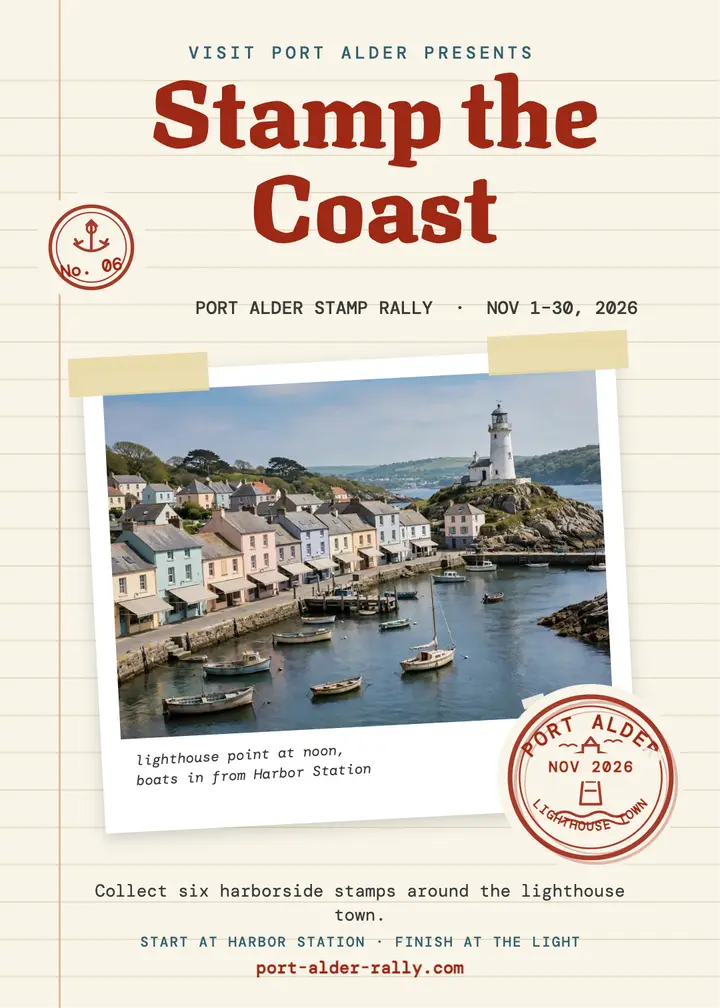 Port Alder lighthouse stamp rally invite: stamp rally invitation template