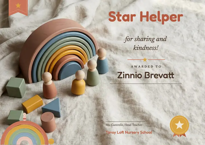 Star Helper preschool certificate, wooden toy rainbow template
